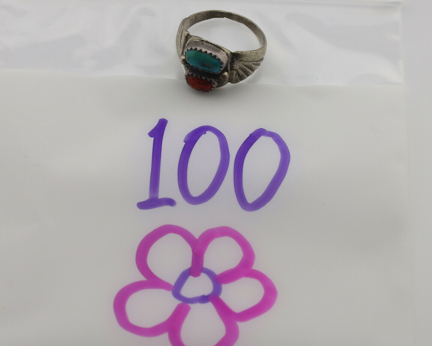 Zuni Ring .925 Silver Natural Turquoise & Coral Native American Artist C.1980's