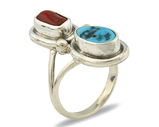 Navajo Ring .925 Silver Blue Turquoise & Red Coral Native American Artist C.80's