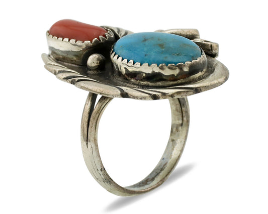 Navajo Ring 925 Silver Turquoise & Coral Artist Signed Native American C.80s