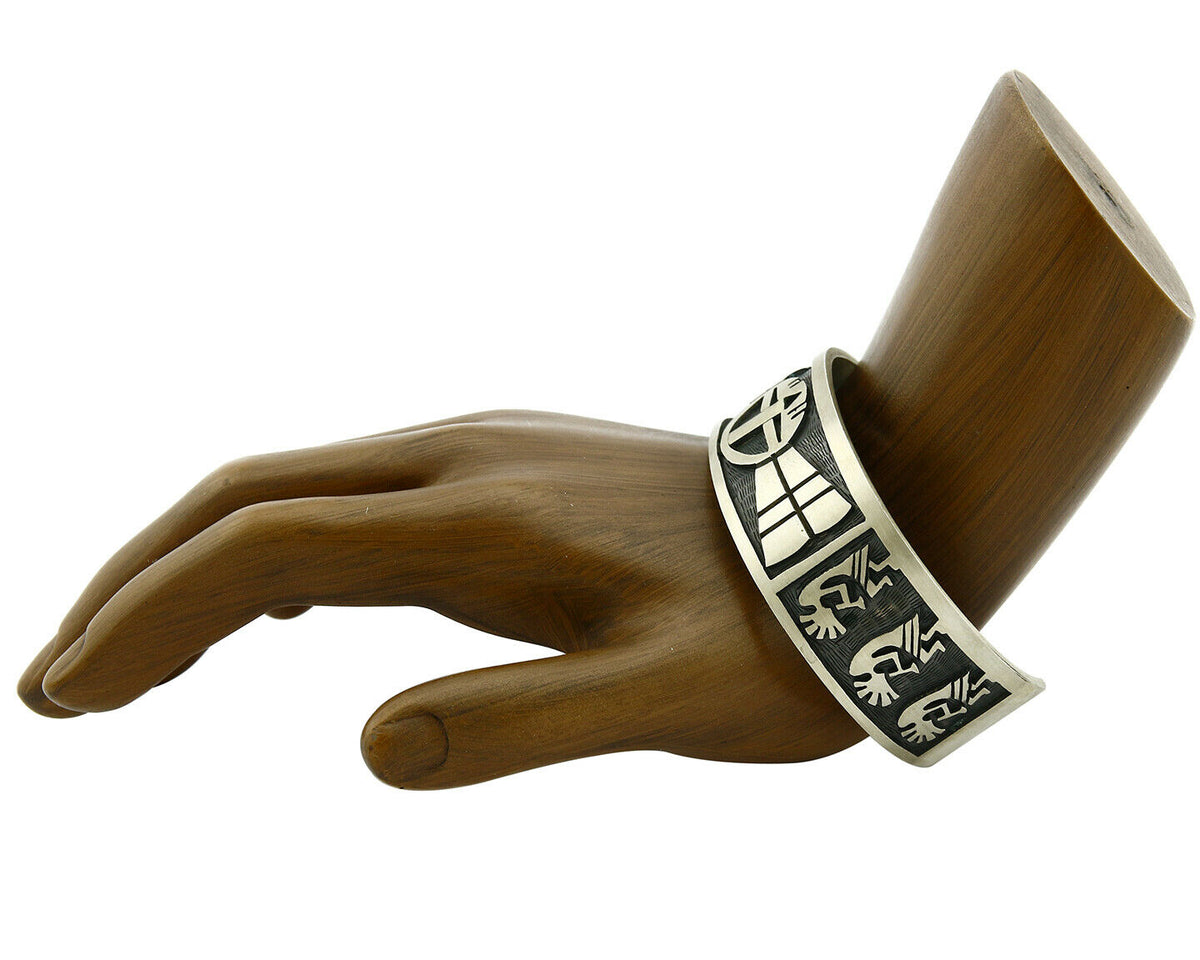 Hopi Bracelet .925 Silver Handmade Kokopelli Corn Sun Overlay Cuff