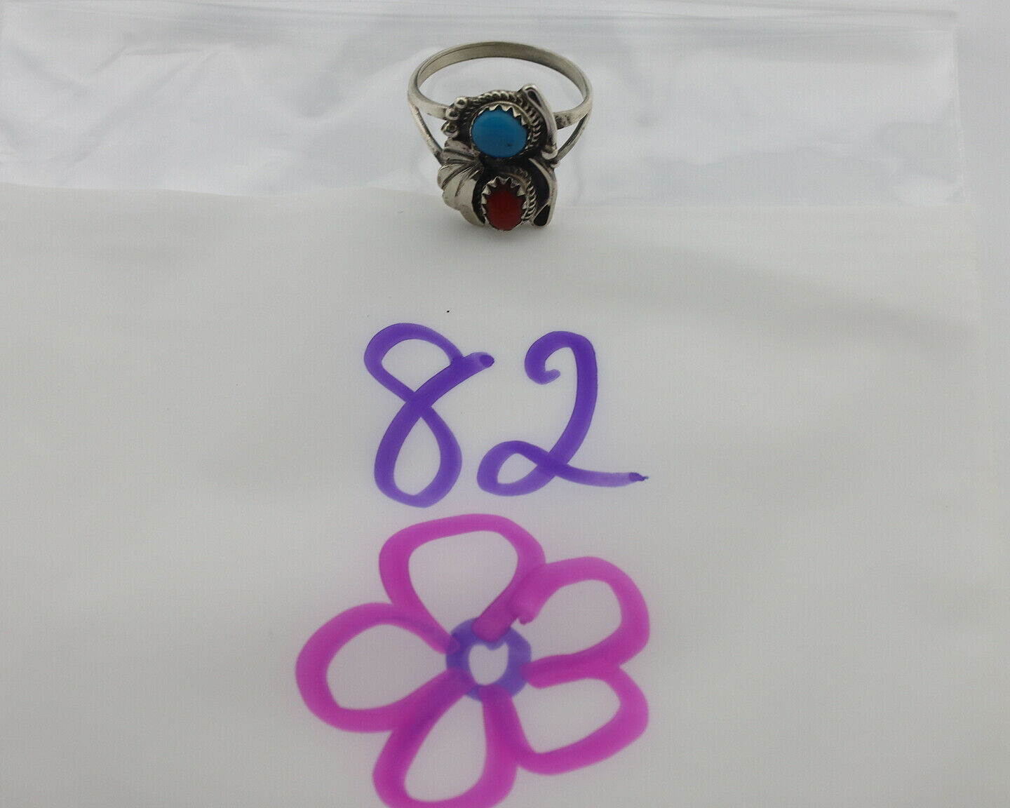 Navajo Ring .925 Silver Morenci Turquoise & Coral Native Artist Signed JM C.80's
