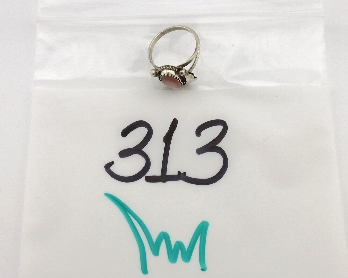 Navajo Ring .925 Silver Natural Pink Mussel Artist Signed Justin Morris C.80's