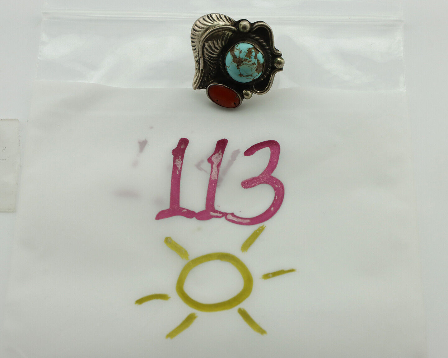Navajo Ring 925 Silver Coral & Globe Turquoise Native American Artist C.80's