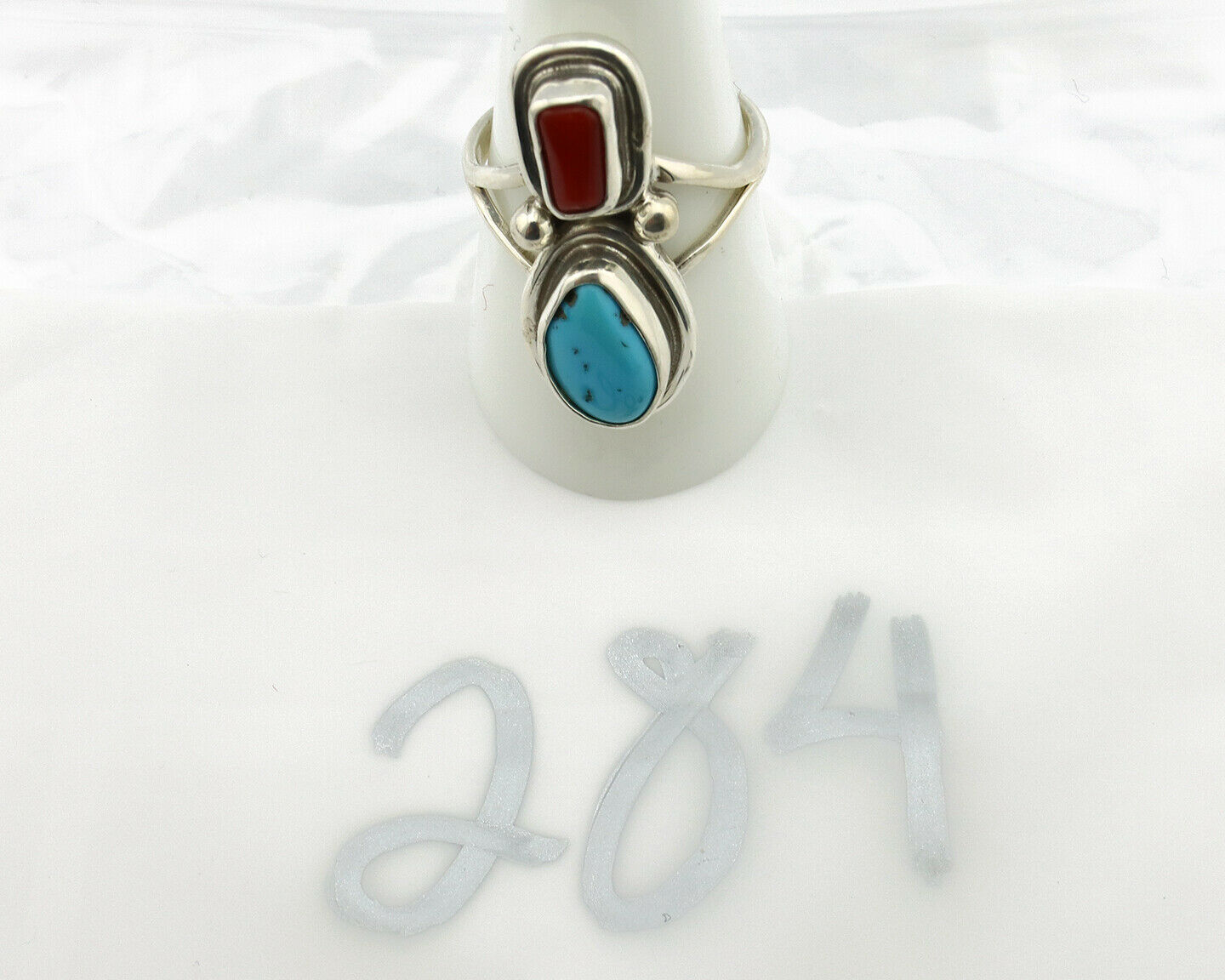 Navajo Ring .925 Silver Blue Turquoise & Red Coral Native American Artist C.80's