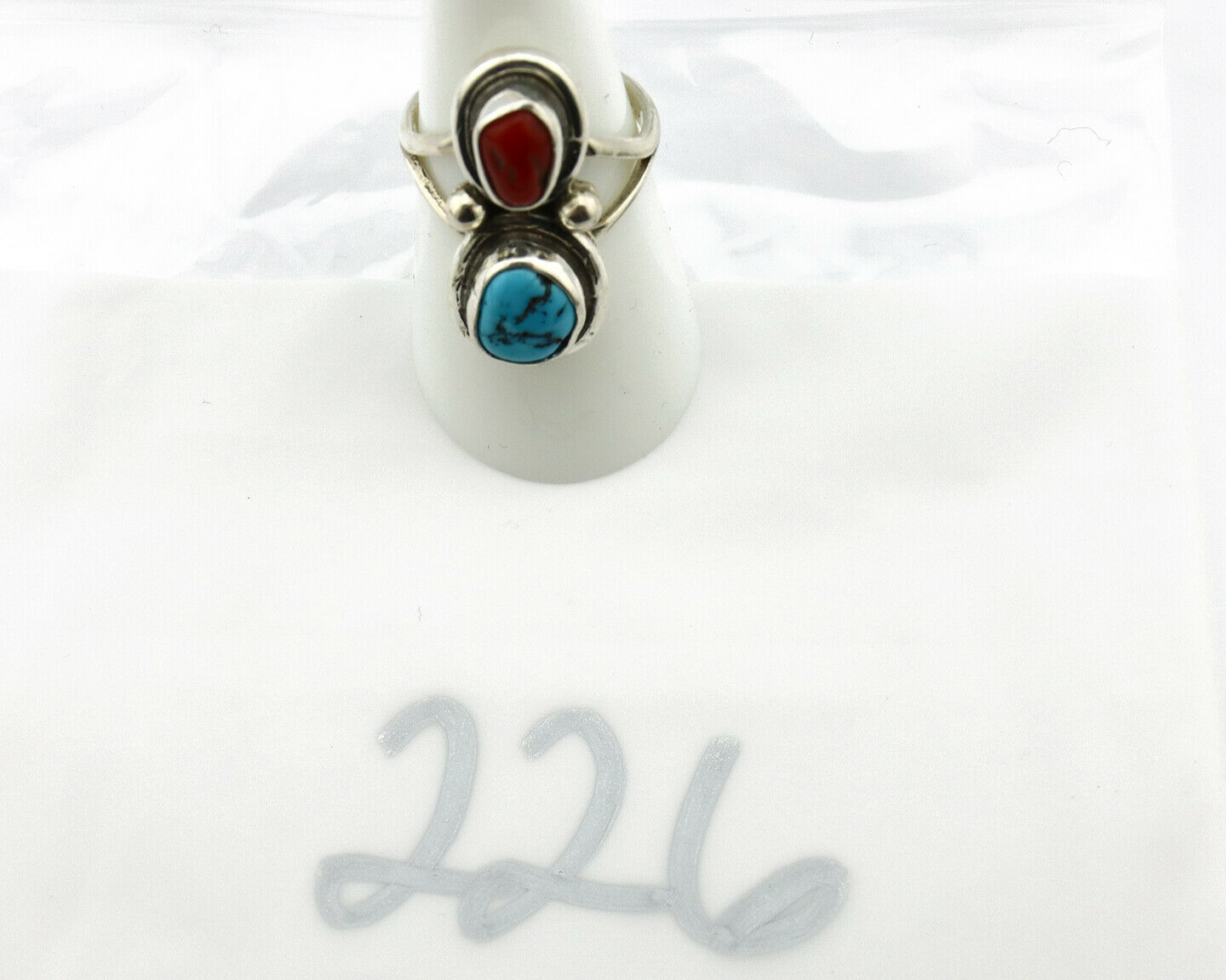 Navajo Ring .925 Silver Red Coral & Blue Turquoise Native Artist C.80's