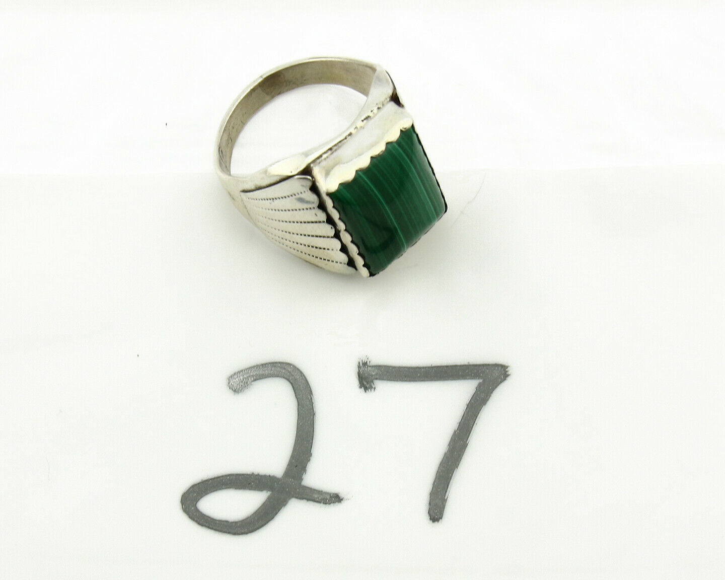 Navajo Ring .925 Silver Natural Malachite Signed Artist DL Native American C.80s