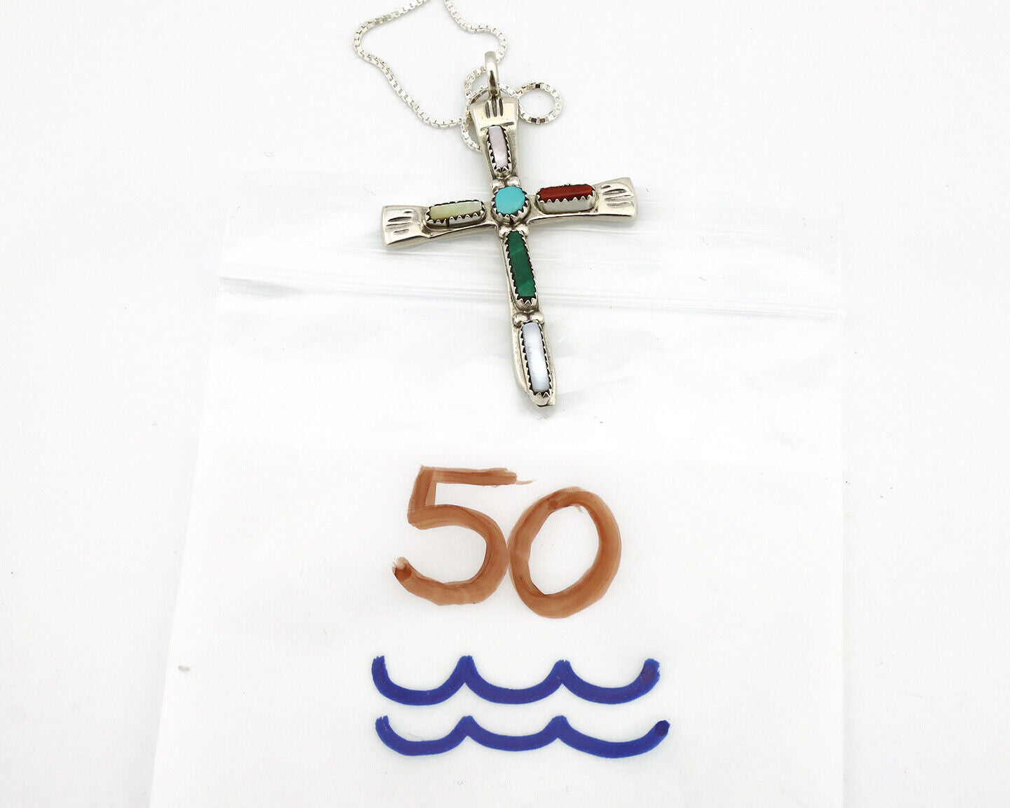 Zuni Handmade Cross Necklace 925 Silver Natural Gemstone Signed L. IULE C.80's