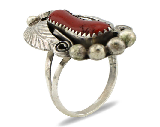 Navajo Ring 925 Silver Mediterranean Coral Artist Signed Justin Morris C.80's