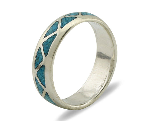 Navajo Chip Inlay Ring 925 Silver Sleeping Beauty Turquoise Artist Silver Cloud