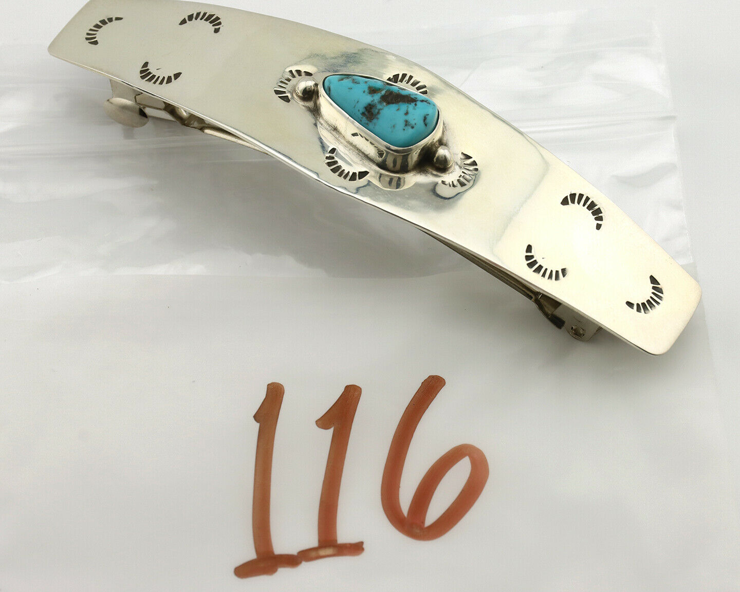 Navajo Hair Clip .925 Silver Sleeping Beauty Turquoise Barrette C.80's