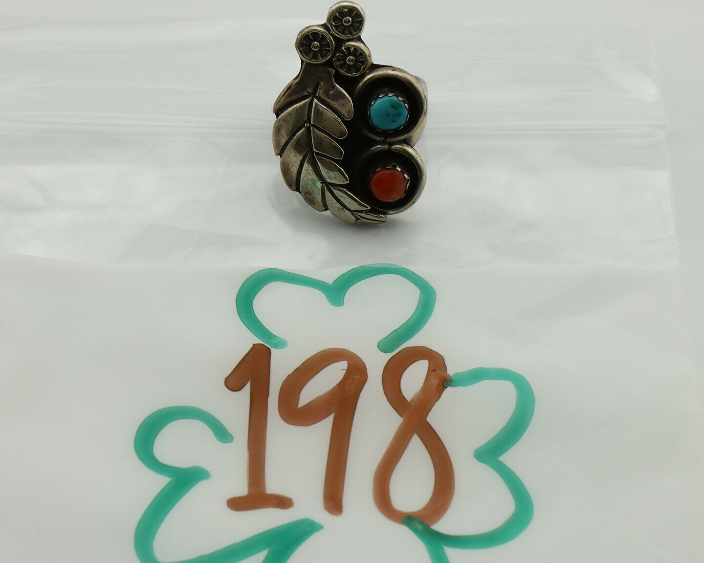 Navajo Ring .925 Silver Turquoise & Coral Native American Artist C.1980's