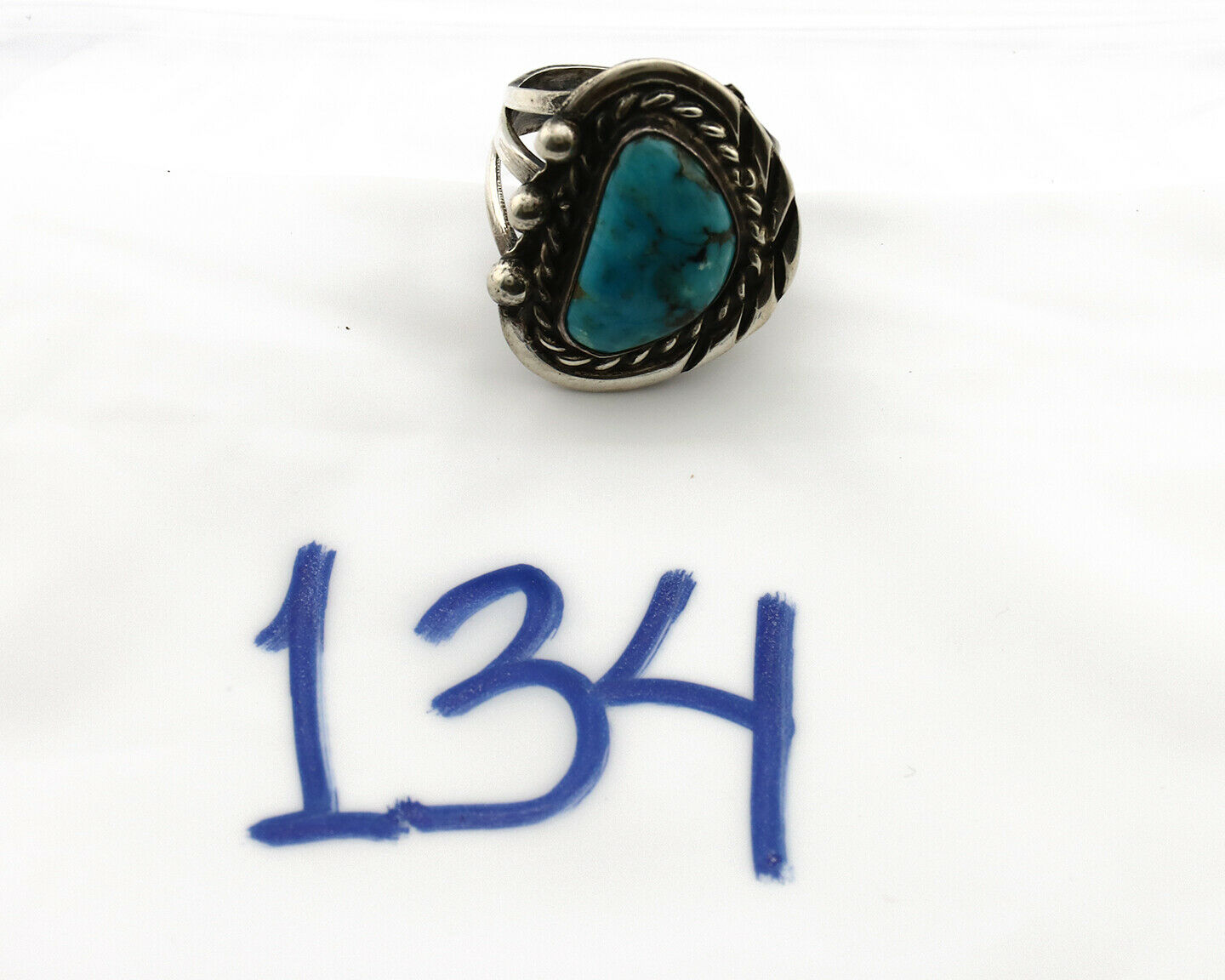 Navajo Ring .925 Silver Spiderweb Turquoise Native American Artist C.80's