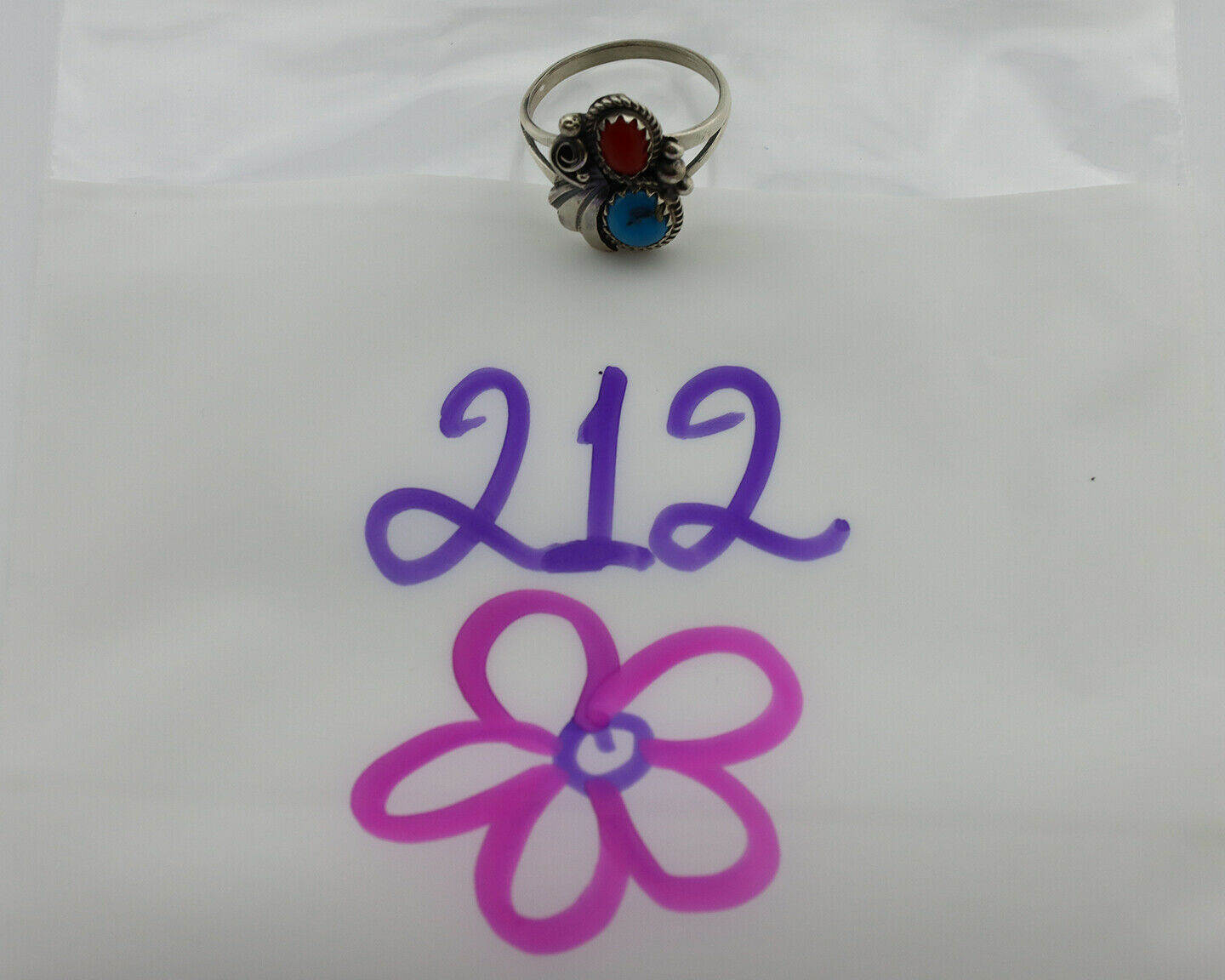 Navajo Ring .925 Silver Morenci Turquoise & Coral Native Artist Signed JM C.80's