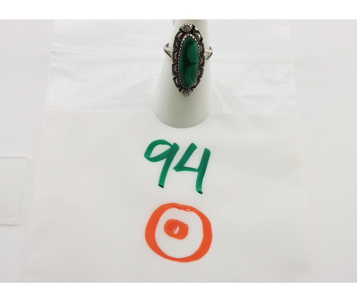Navajo Ring .925 Silver Malachite Hand Stamped Signed Herman Lee C.80's