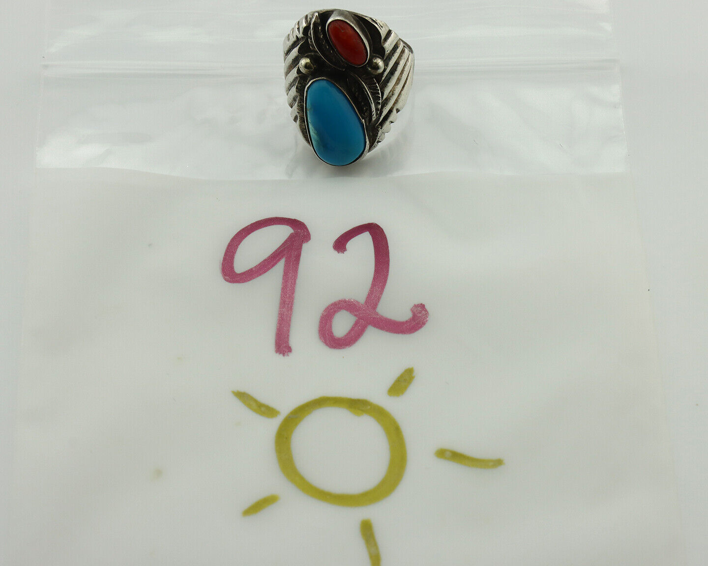 Navajo Ring 925 Silver Coral & Easter Blue Turquoise Native Artist C.1980's