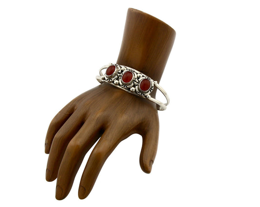 Navajo Bracelet .925 Silver Carnelian Gemstones Handmade Native Artist C.80's