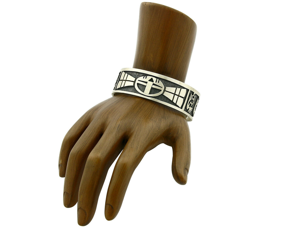 Hopi Bracelet .925 Silver Handmade Kokopelli Corn Sun Overlay Cuff