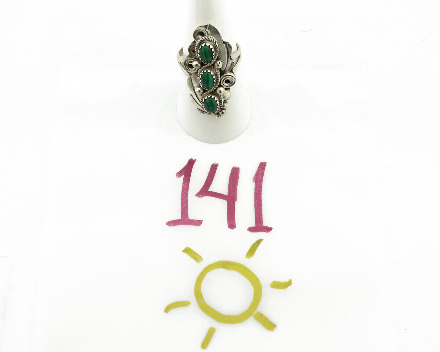 Navajo Ring 925 Silver Natural Green Malachite Signed Justin Morris C.80's