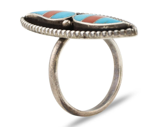 Zuni Handmade Ring .925 Silver Turquoise & Coral Artist Signed L&J C.80's