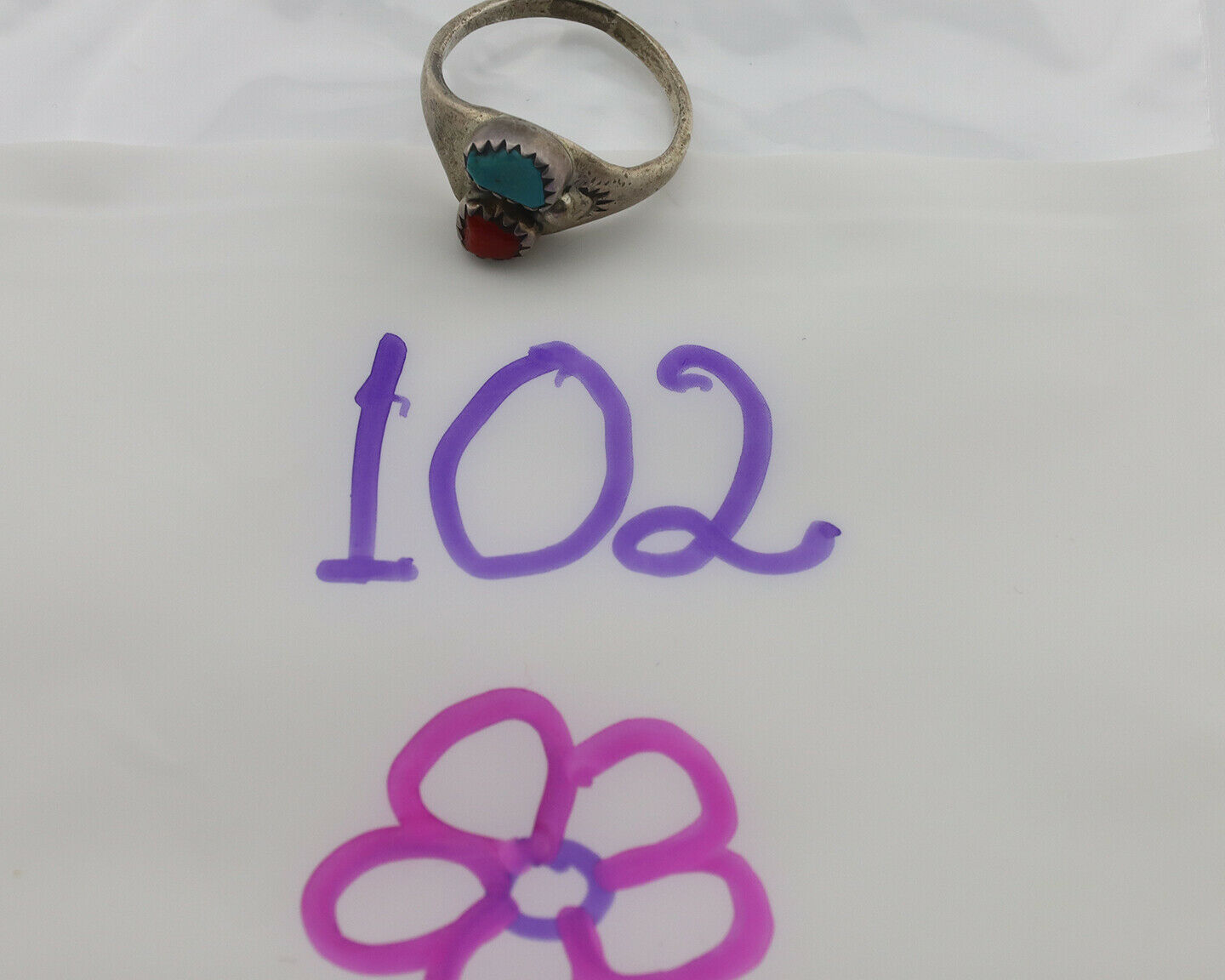 Zuni Ring .925 Silver Natural Turquoise & Coral Native American Artist C.1980's