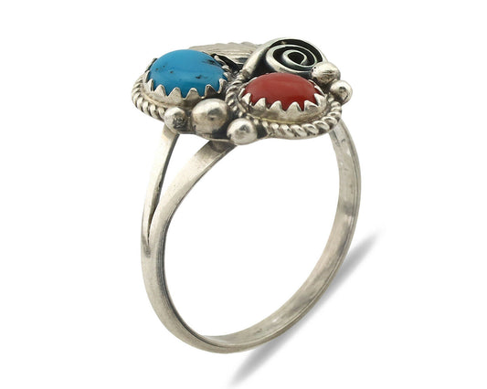 Navajo Ring .925 Silver Morenci Turquoise & Coral Native Artist Signed JM C.80's