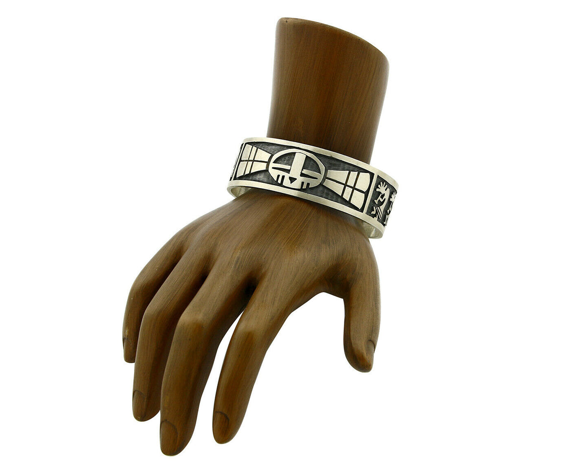 Hopi Bracelet .925 Silver Handmade Kokopelli Corn Sun Overlay Cuff