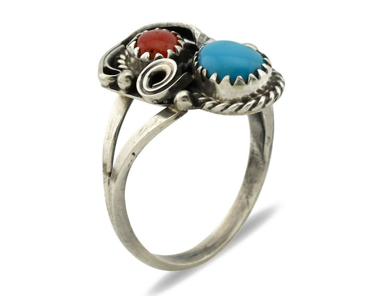 Navajo Ring .925 Silver Turquoise & Coral Artist Signed J Morris C.80's