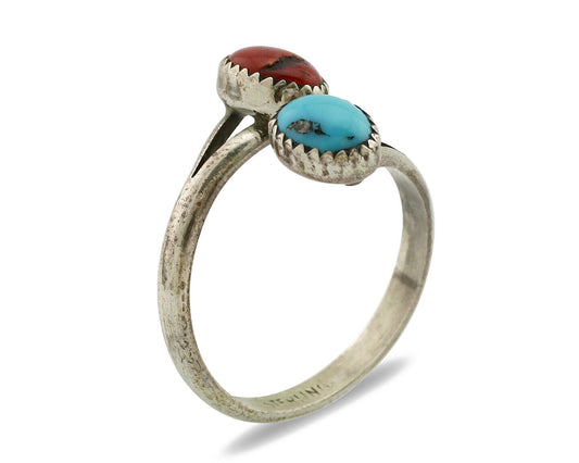 Navajo Ring 925 Silver Coral & Turquoise Handmade Native American Artist C.1980s