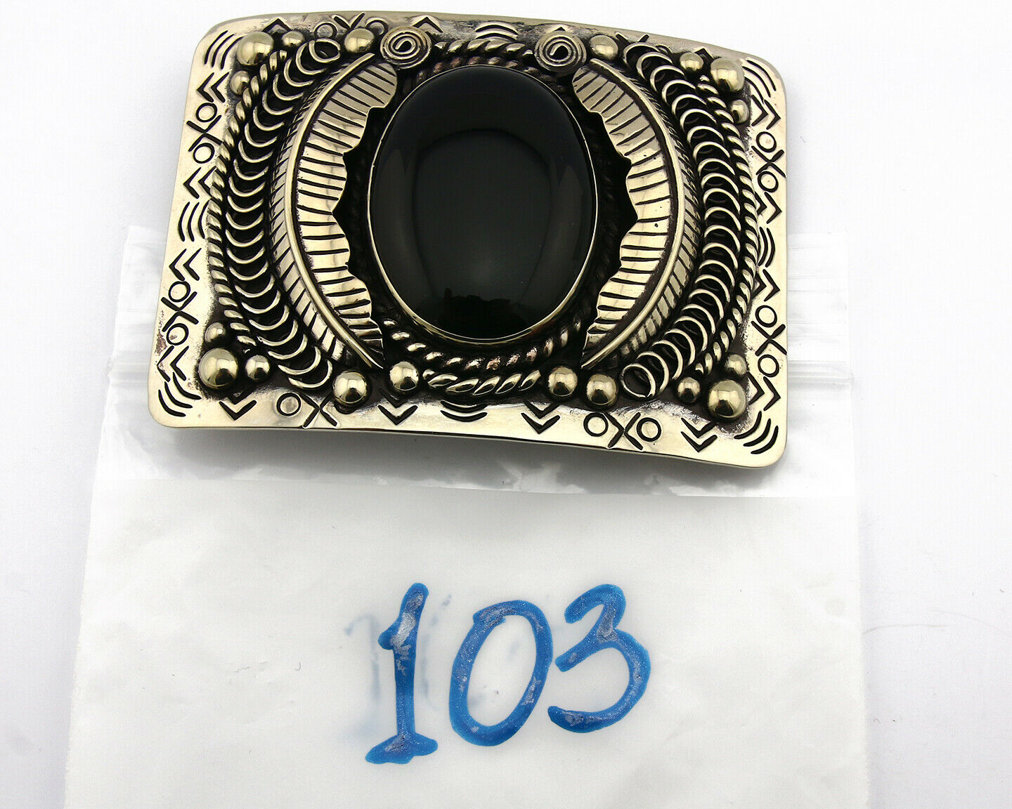 Navajo Handmade Belt Buckle .999 Nickle Silver Onyx Artist Signed Tipi C.80's