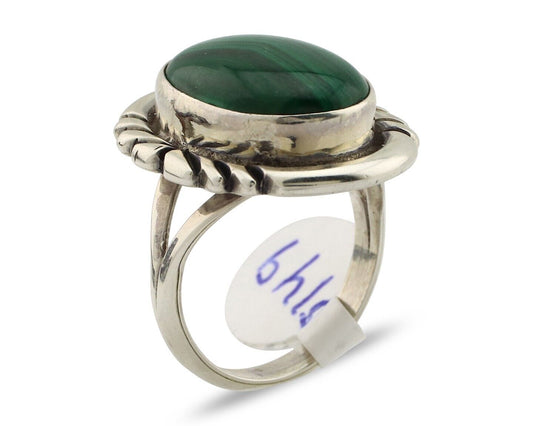 Navajo Ring 925 Silver Malachite Hand Stamped Signed NAKAI C.80's