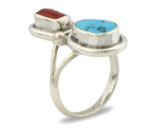 Navajo Ring .925 Silver Blue Turquoise & Red Coral Native American Artist C.80's