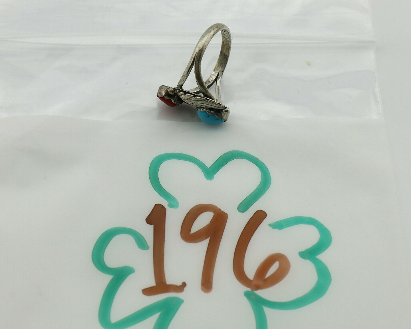 Navajo Ring .925 Silver Turquoise & Coral Native American Artist C.1980's