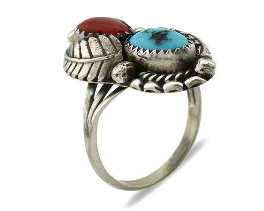 Navajo Ring .925 Silver Turquoise & Coral Artist Signed Stanley Bain C.80's
