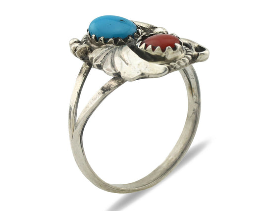 Navajo Ring .925 Silver Morenci Turquoise & Coral Native Artist Signed JM C.80's