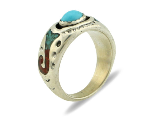 Navajo Handmade Ring 925 Silver Blue Turquoise & Coral Native American C.80's