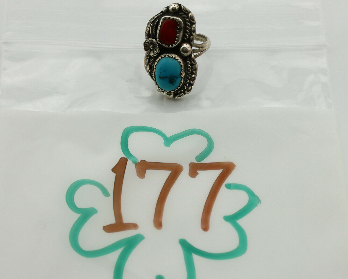 Navajo Ring .925 Silver Turquoise & Coral Artist Signed Thomas Singer C.80's