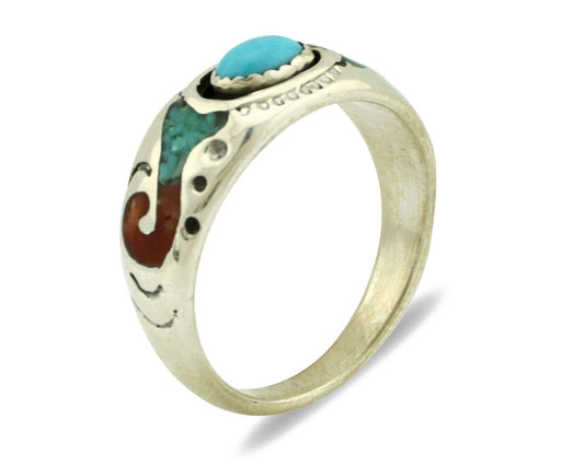 Navajo Handmade Ring 925 Silver Blue Turquoise & Coral Native American C.80's