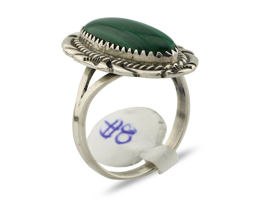 Navajo Ring .925 Silver Malachite Hand Stamped Native American Artist C.80's