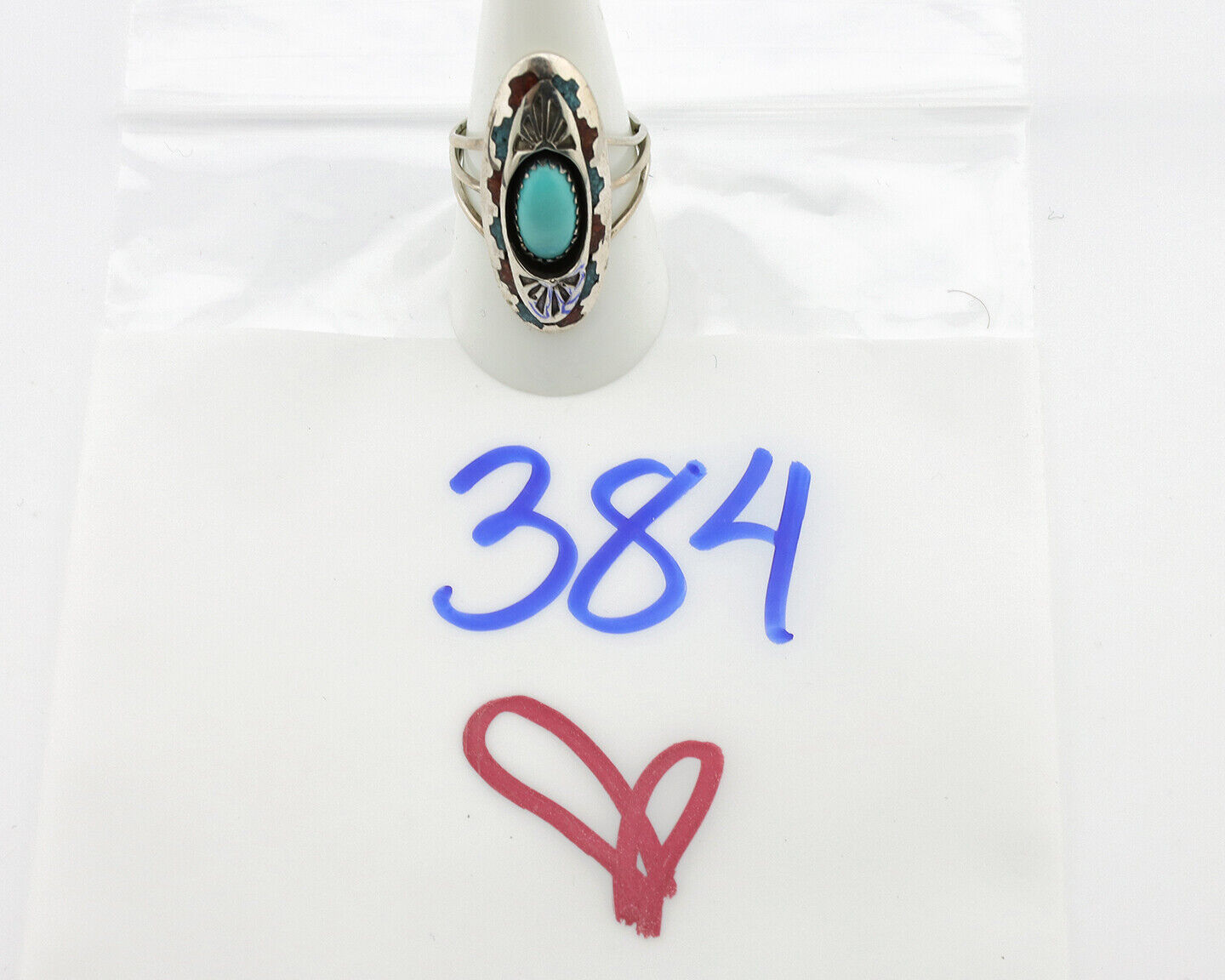 Navajo Ring 925 Silver Turquoise & Coral Signed Circle JW C.80s
