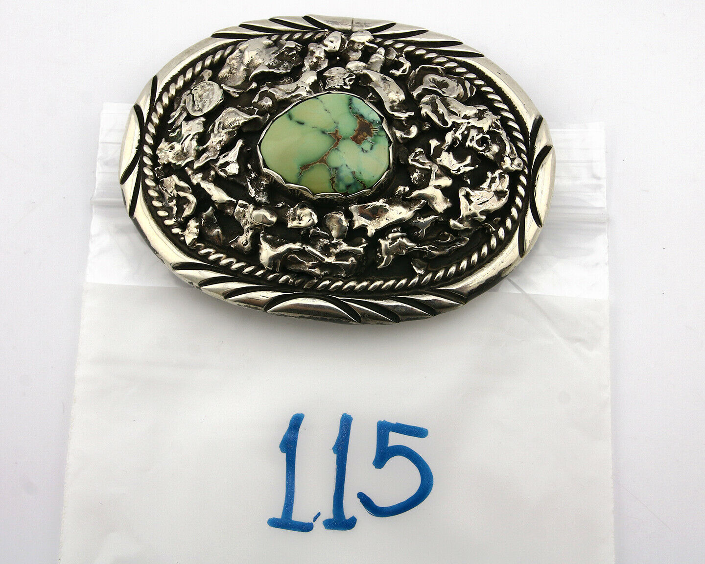 Navajo Belt Buckle .925 Silver Variscite Native Artist Signed C Montoya C.80's