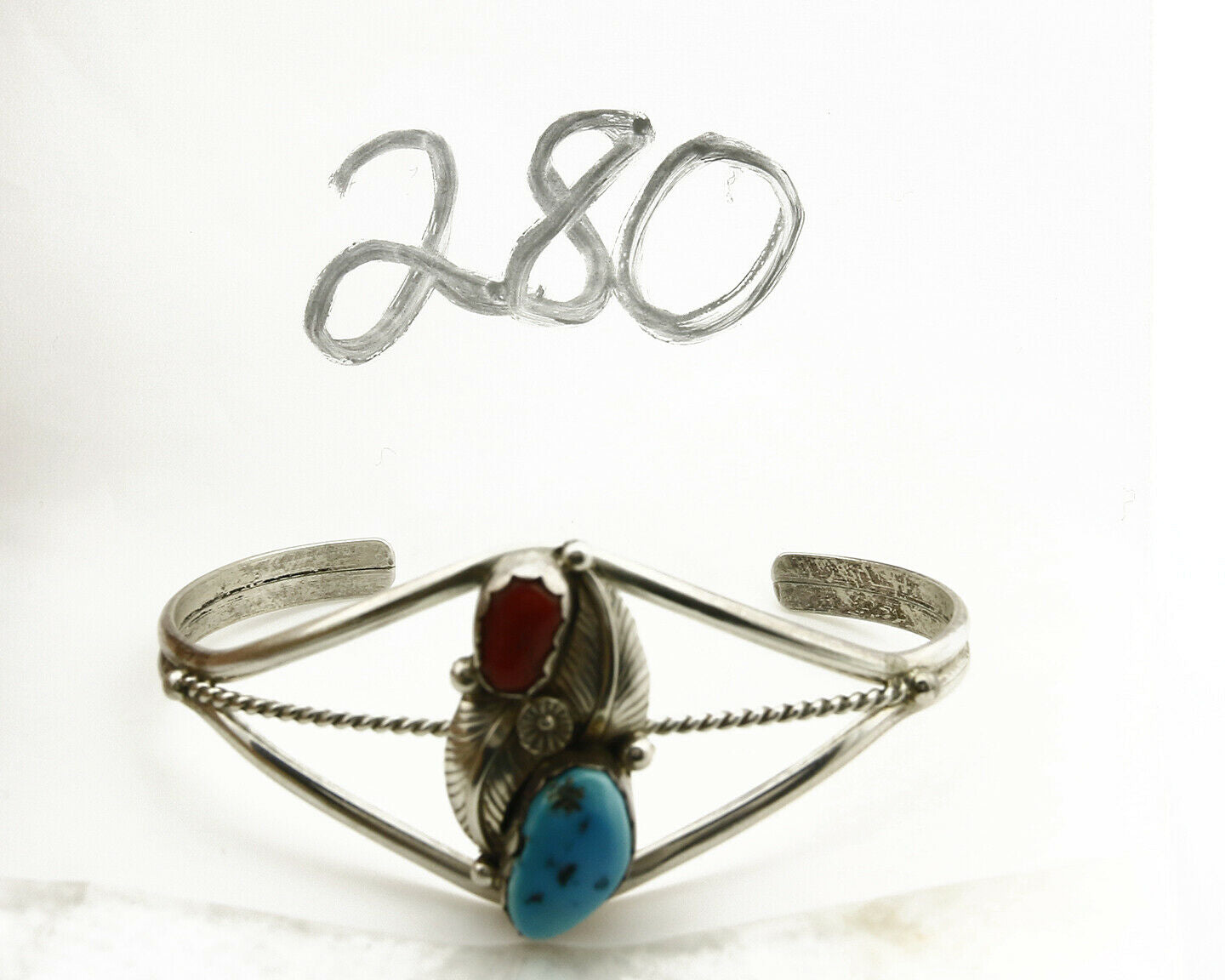 Navajo Bracelet .925 Silver Turquoise & Red Coral Cuff Signed Paul J Circa 1980s