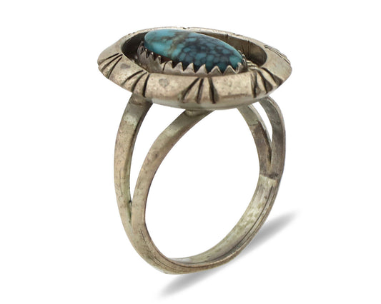 Navajo Ring 925 Silver Natural Black Spiderweb Turquoise Native Artist C.80's