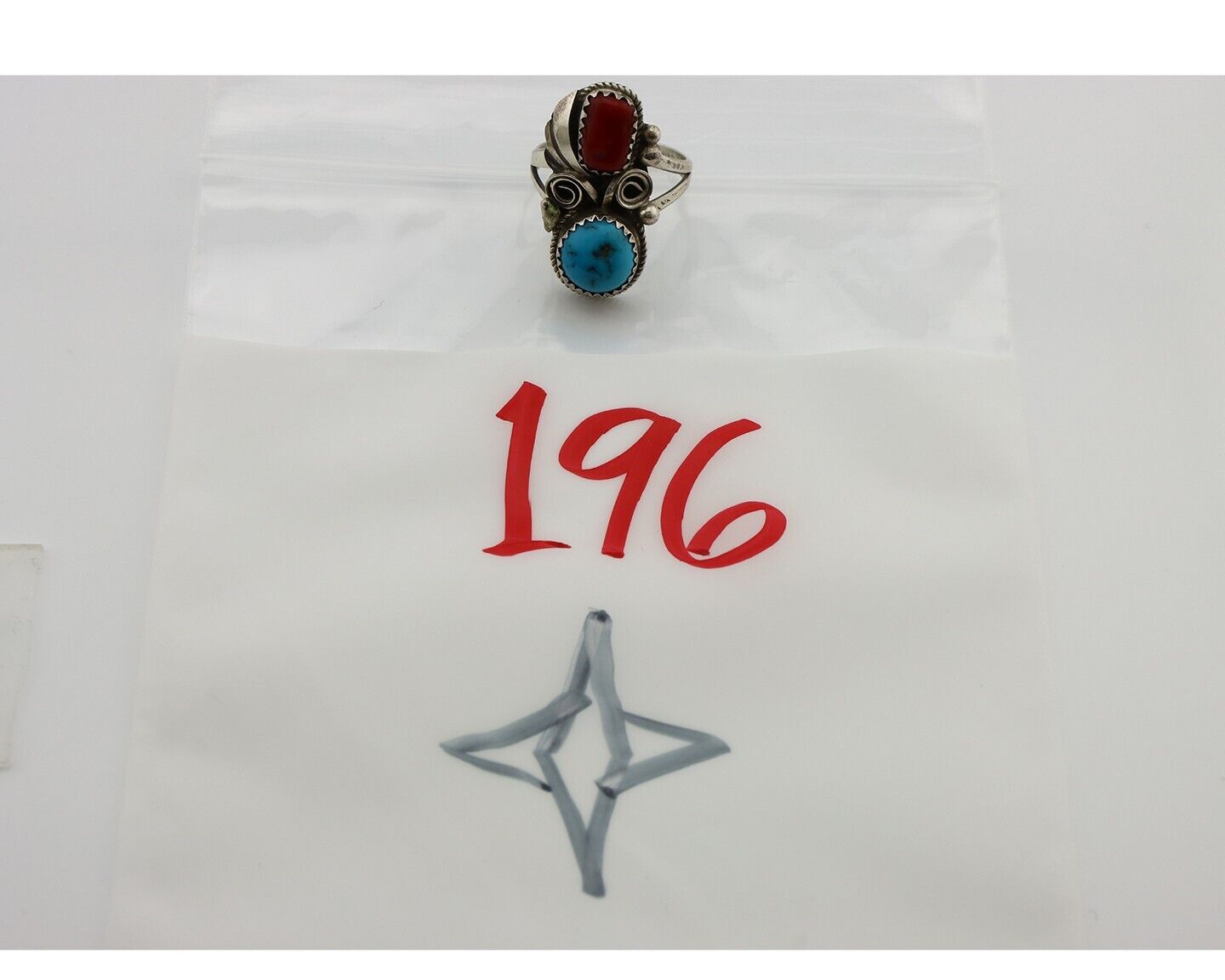 Navajo Ring 925 Silver Blue Turquiose & Coral Artist Signed Justin Morris C.80's
