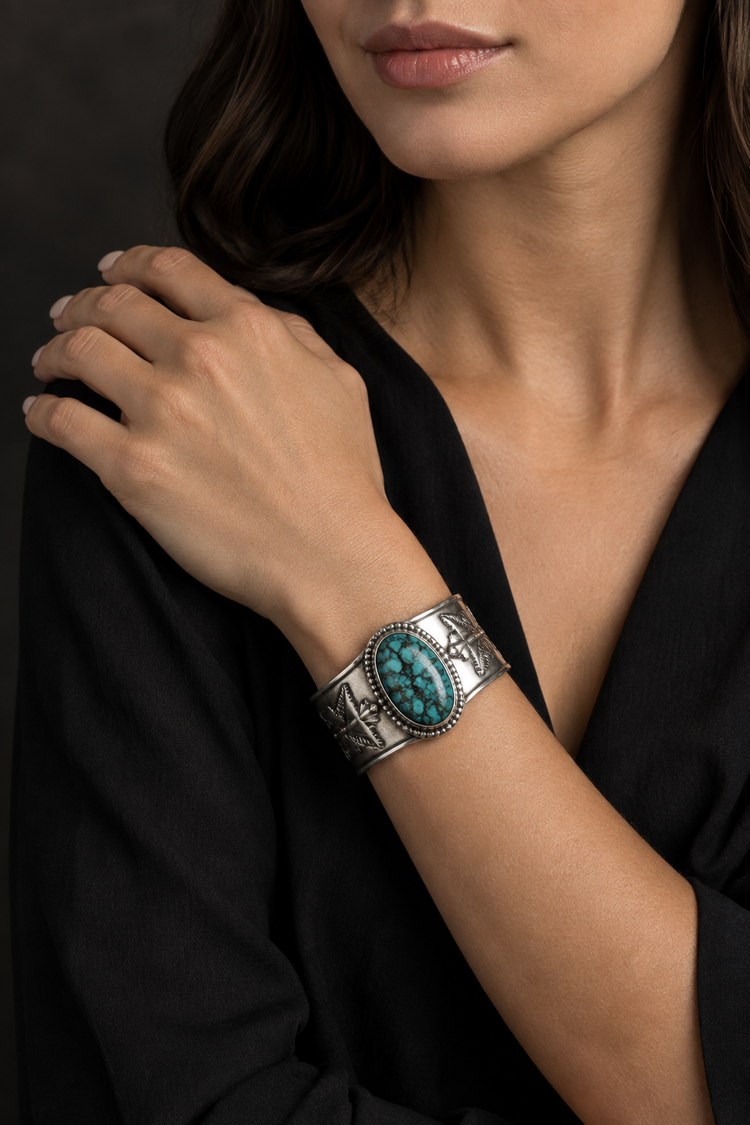 Woman wearing a turquoise and silver cuff bracelet against a charcoal background