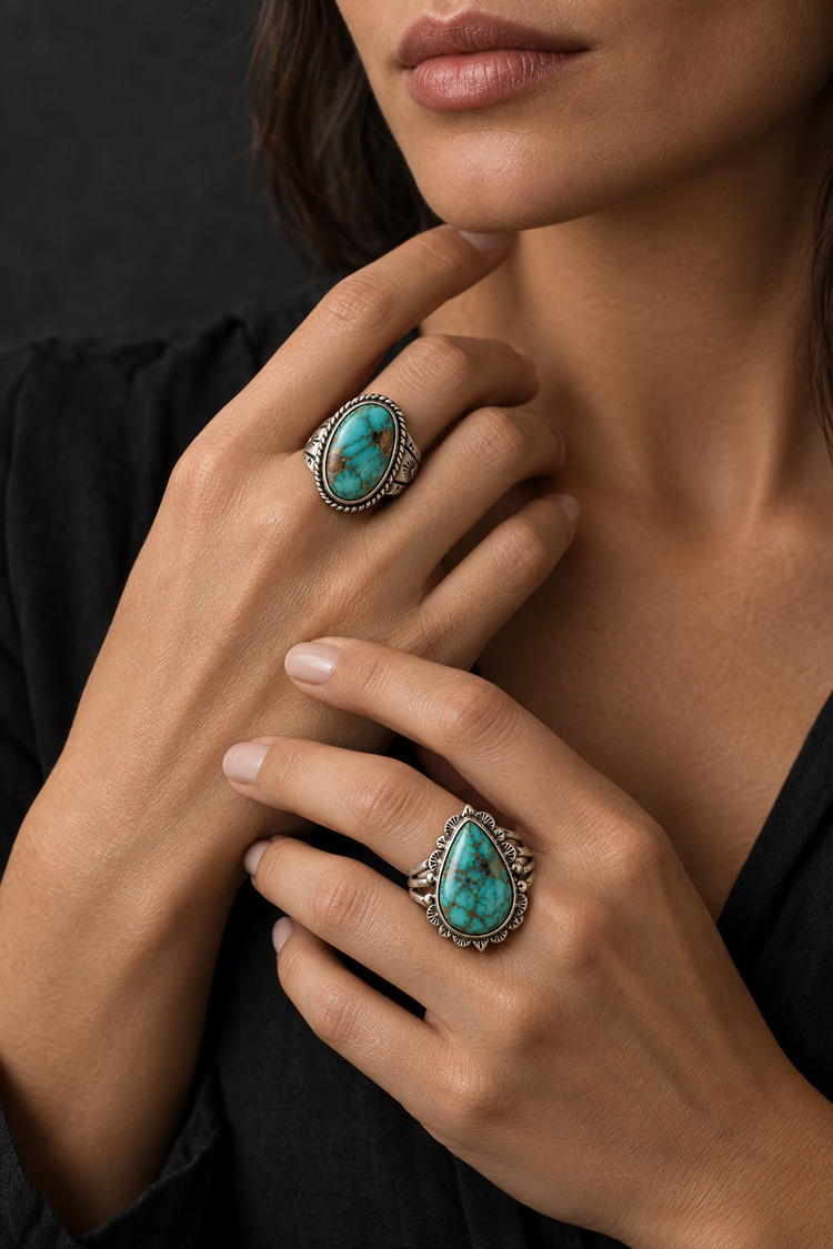Woman wearing silver and turquoise rings against a charcoal background