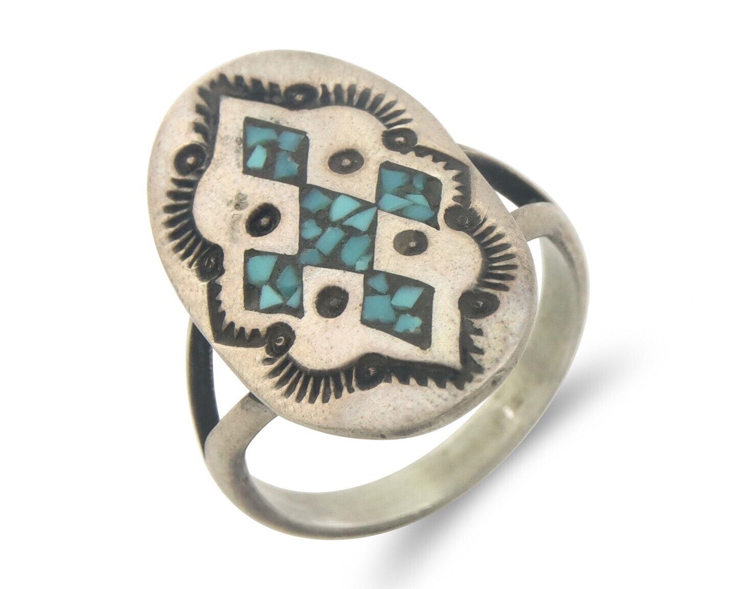 Navajo Ring 925 Sterling Natural Chip Inlay Turquoise C.80's Size 5.25