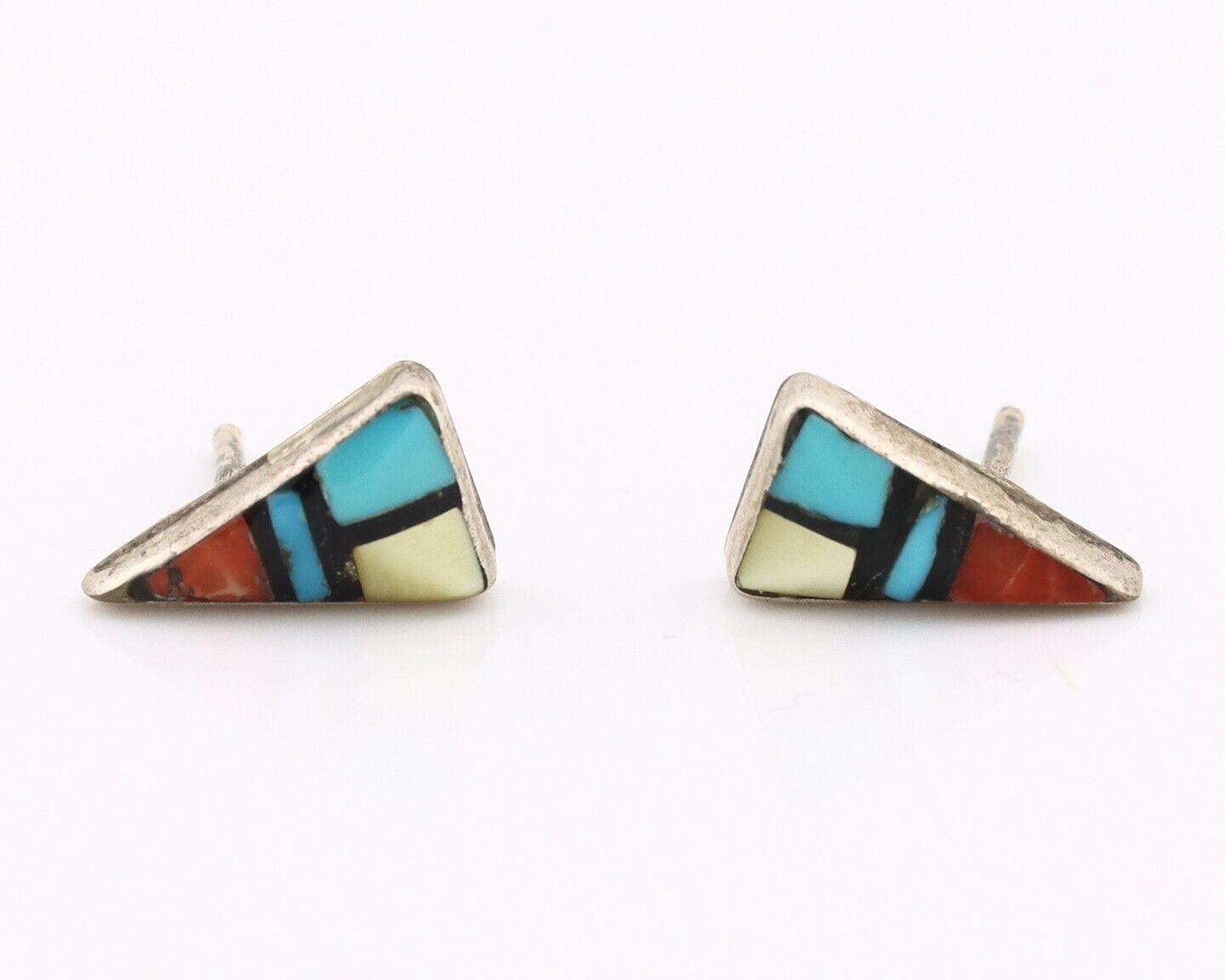 Zuni Earrings 925 Silver Natural Gemstones & Turquoise Native Artist C.80's