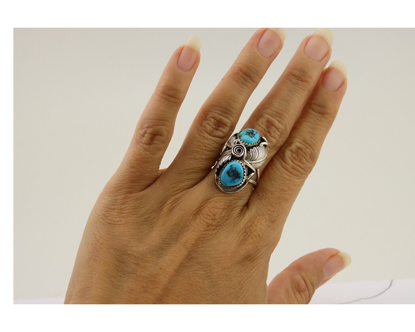 Navajo Ring .925 Silver Sleeping B Turquoise Artist Signed MP C.80's