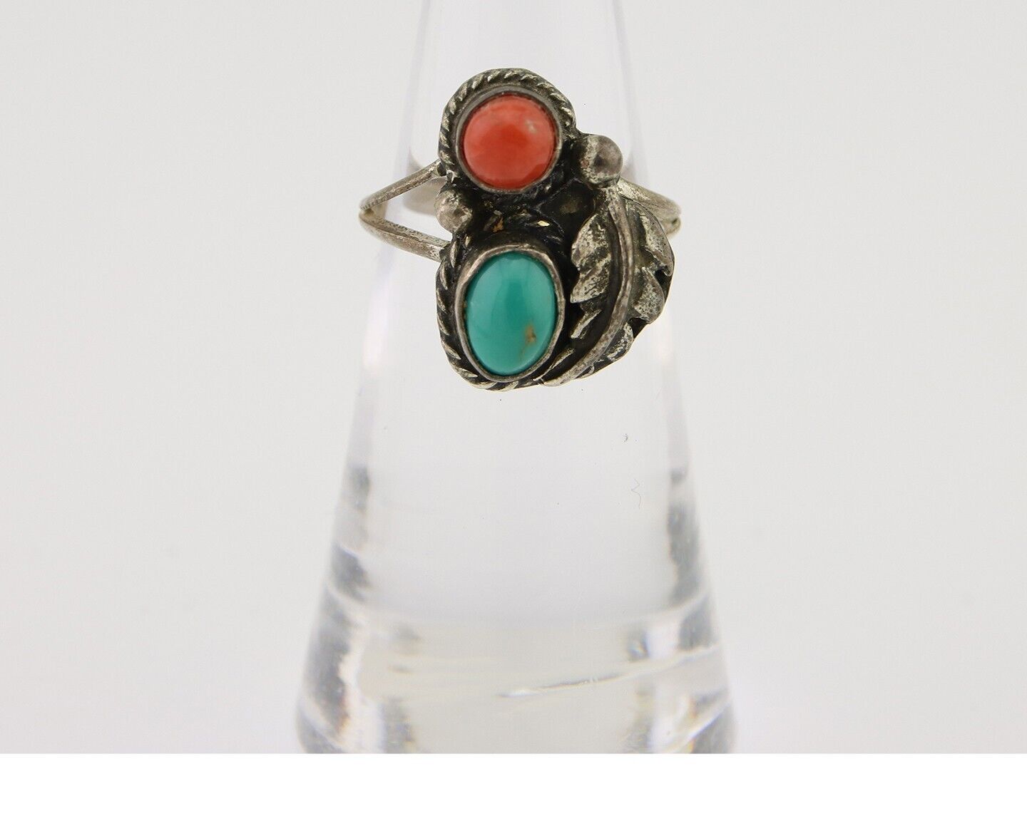 Navajo Handmade Ring 925 Silver Coral & Turquoise Native Artist C.80's