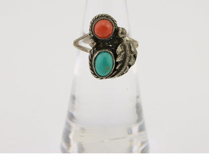 Navajo Handmade Ring 925 Silver Coral & Turquoise Native Artist C.80's